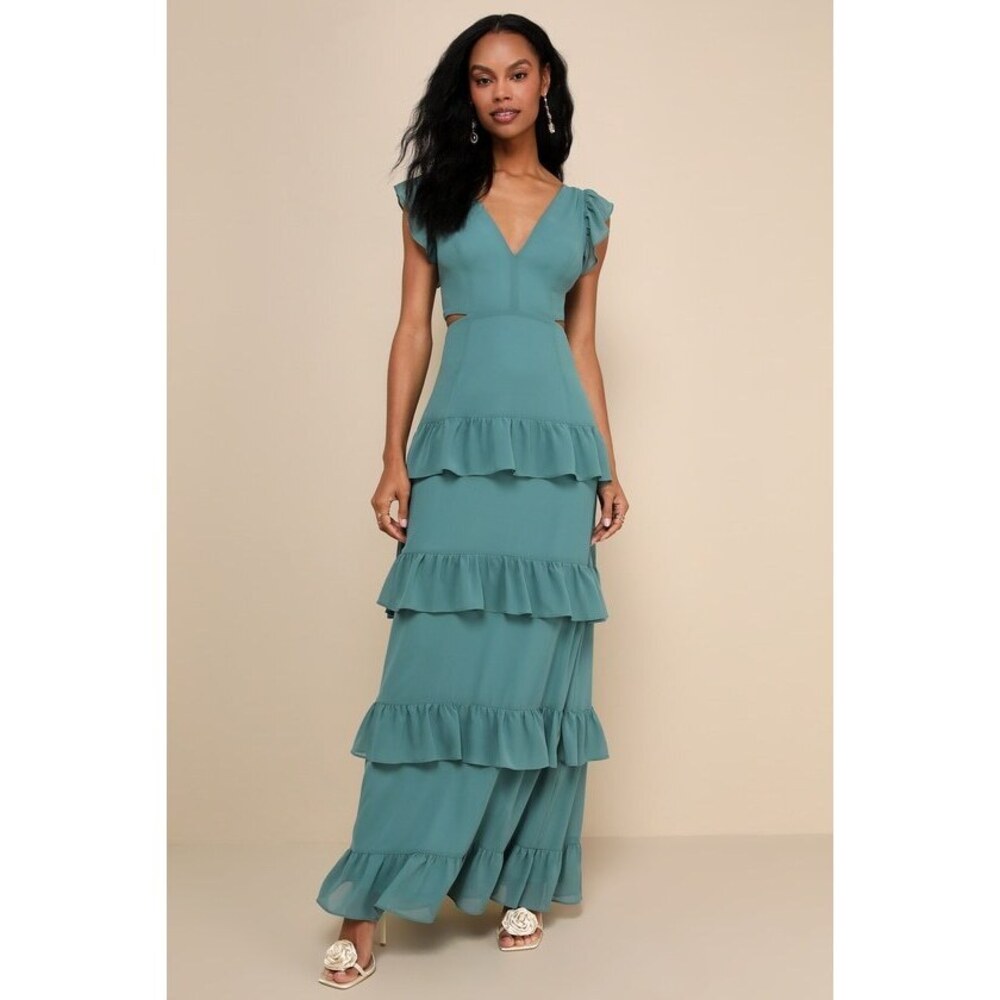 Lulus Elegant Mentality Teal Blue Ruffled Tiered Cutout Maxi Dress - Size M